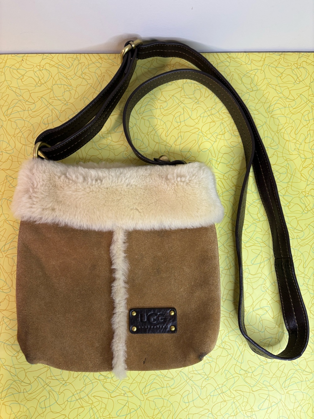 UGG Suede and Shearling Crossbody in Brown and Cream